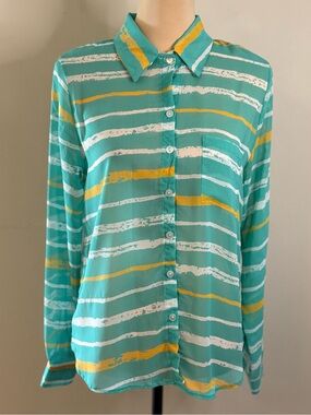 5th culture button up shirt semi sheer colorful stripes SZ M FLAW